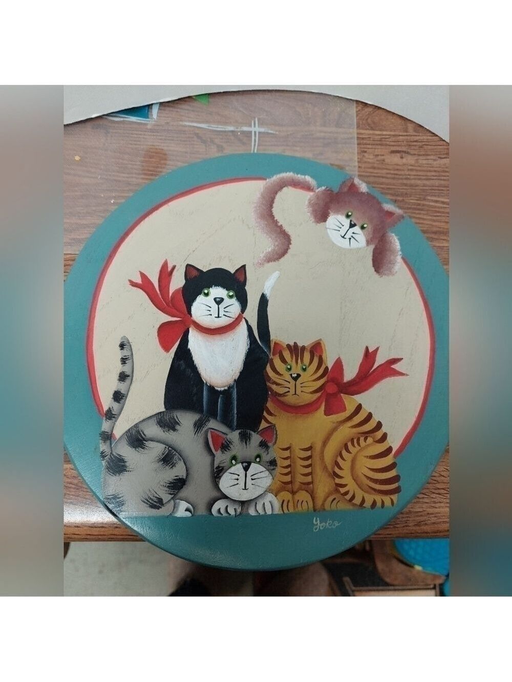 Handpainted Curious Cats by Yoko on Wooden Cutting Board/Tray